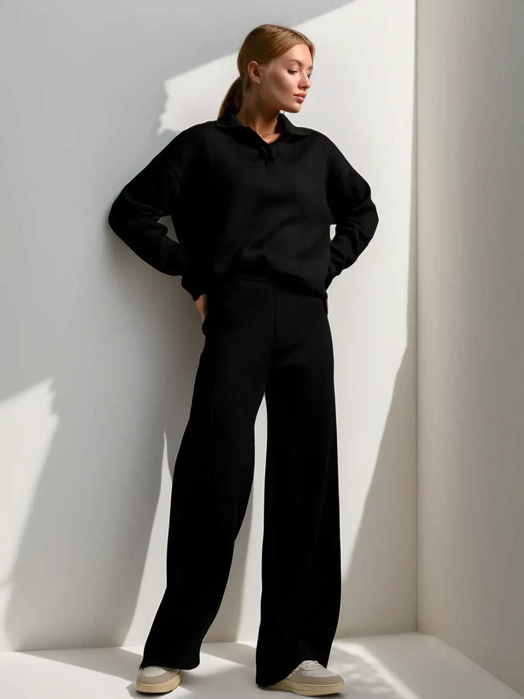 Theodora - Women's Oversized Collared Pullover & Wide-Leg Pants Set