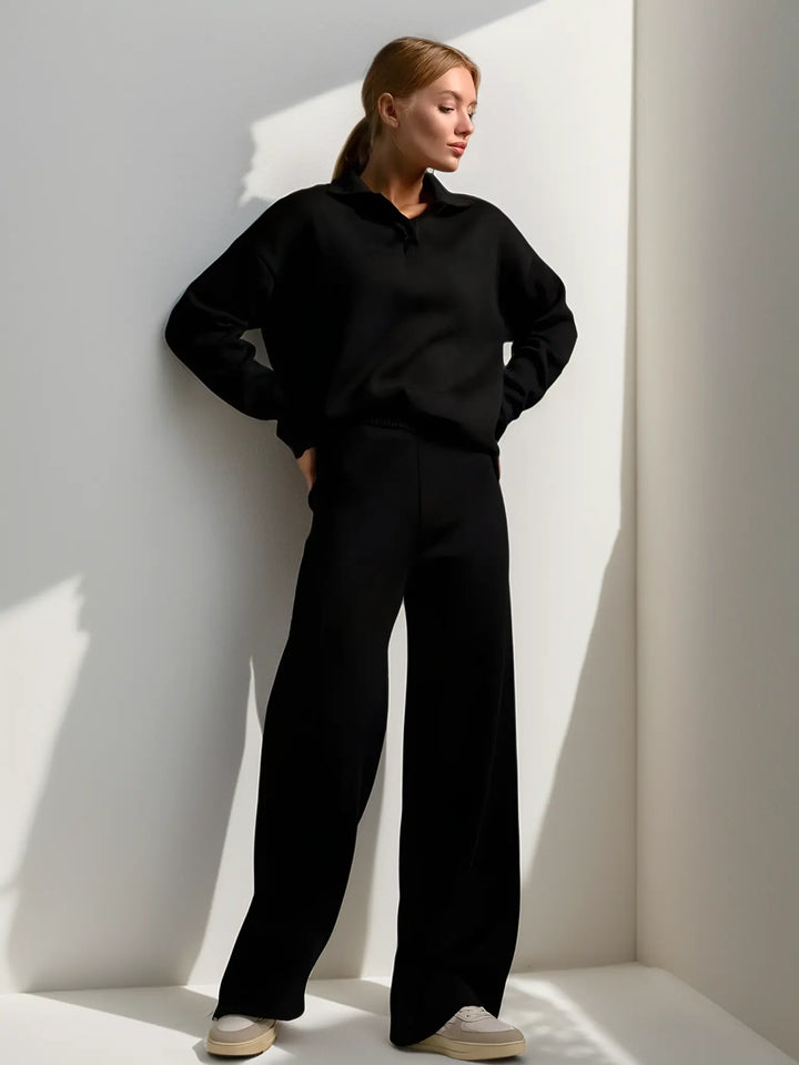 Theodora - Women's Oversized Collared Pullover & Wide-Leg Pants Set