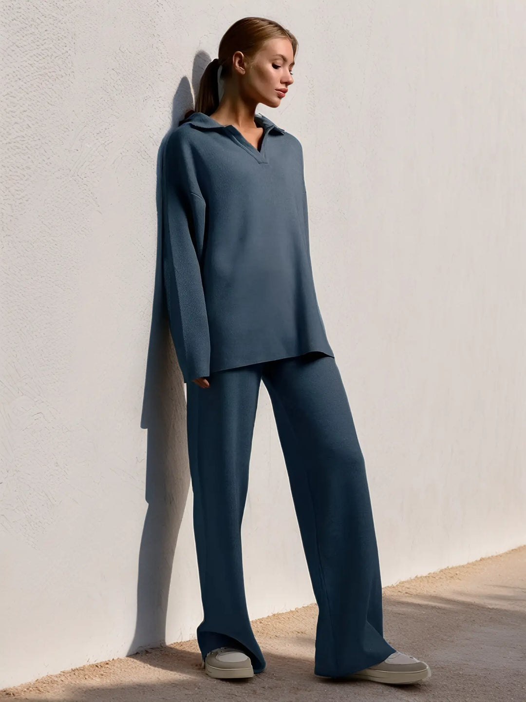 Theodora - Women's Oversized Collared Pullover & Wide-Leg Pants Set