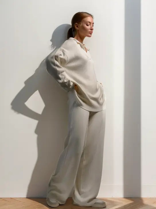 Theodora - Women's Oversized Collared Pullover & Wide-Leg Pants Set