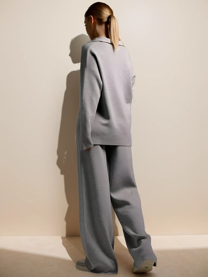 Theodora - Women's Oversized Collared Pullover & Wide-Leg Pants Set