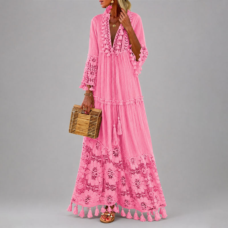 Tiffany - Women's Crochet Trim Tassel Boho Maxi Dress
