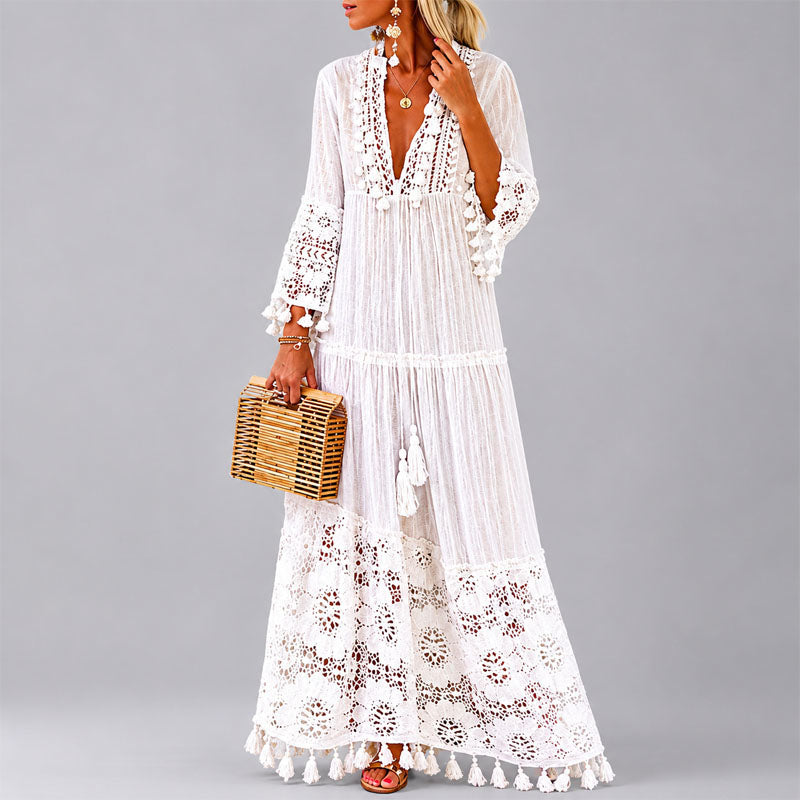 Tiffany - Women's Crochet Trim Tassel Boho Maxi Dress