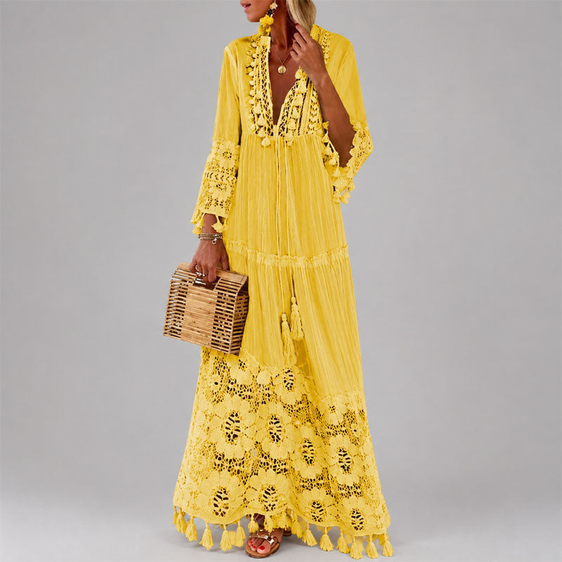 Tiffany - Women's Crochet Trim Tassel Boho Maxi Dress