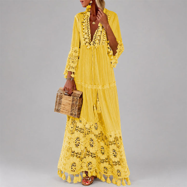 Tiffany - Women's Crochet Trim Tassel Boho Maxi Dress
