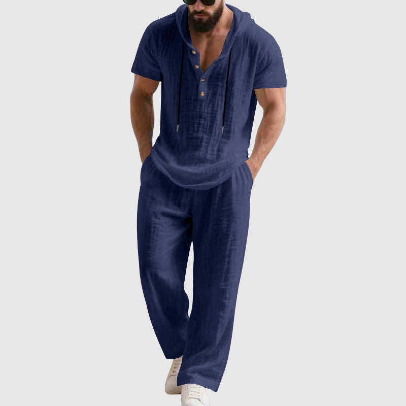 Travis - Men's Linen-Blend Hooded Henley Set