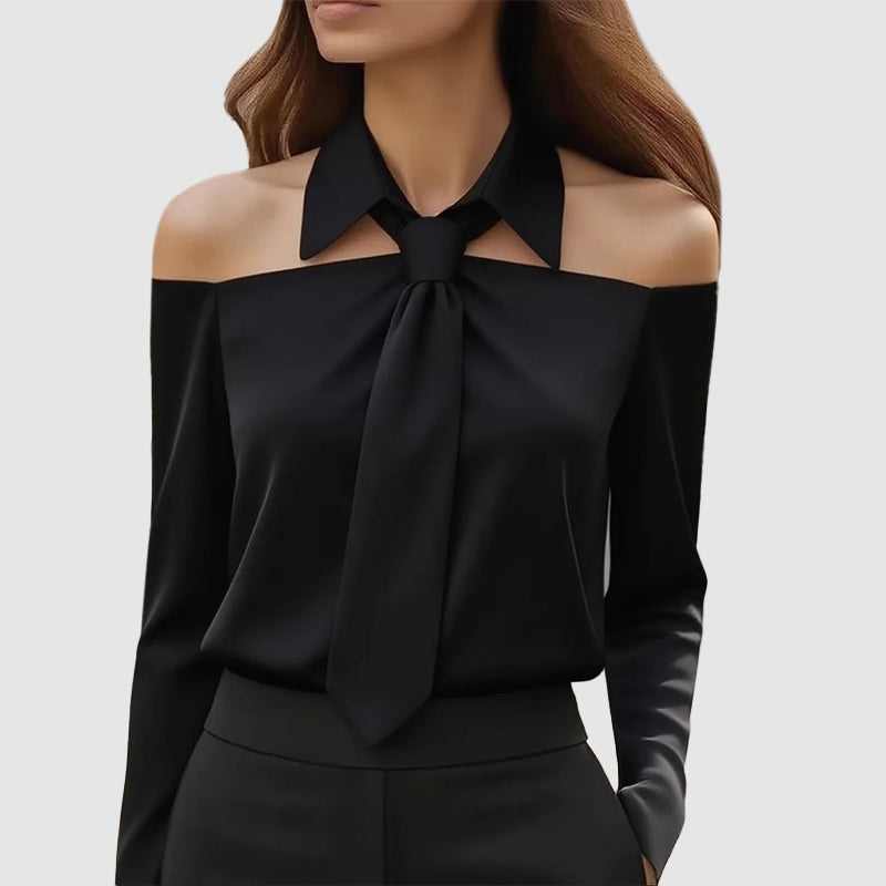 Valerie - Women's Off-Shoulder Tie-Neck Long Sleeve Blouse