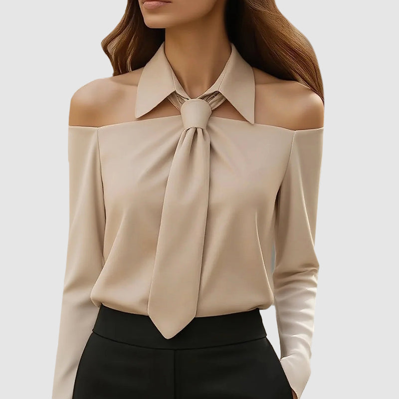 Valerie - Women's Off-Shoulder Tie-Neck Long Sleeve Blouse