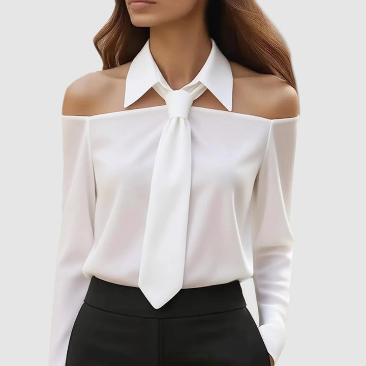 Valerie - Women's Off-Shoulder Tie-Neck Long Sleeve Blouse