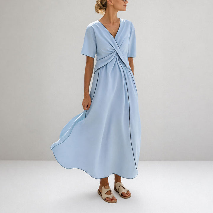 Vanessa - Women's Pleated Waist V-Neck Midi Dress