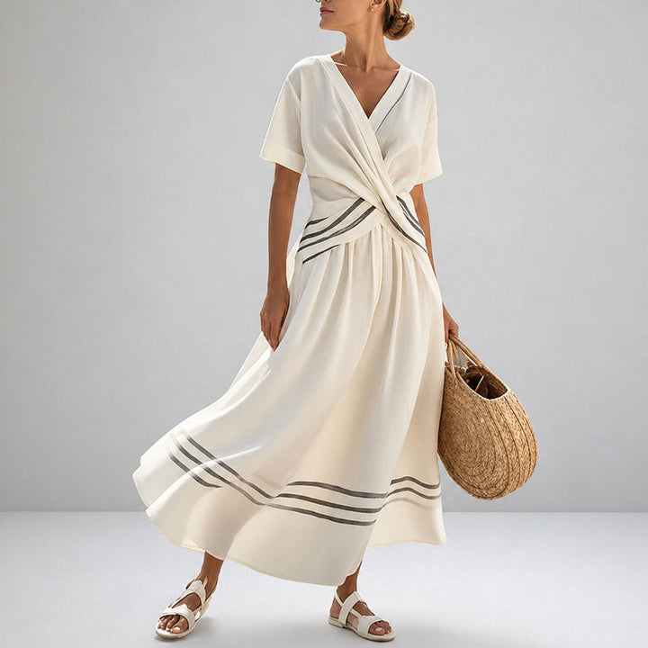 Vanessa - Women's Pleated Waist V-Neck Midi Dress