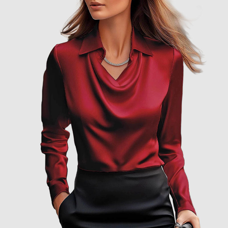 Victoria - Women's Cowl Neck Draped Satin-Look Blouse
