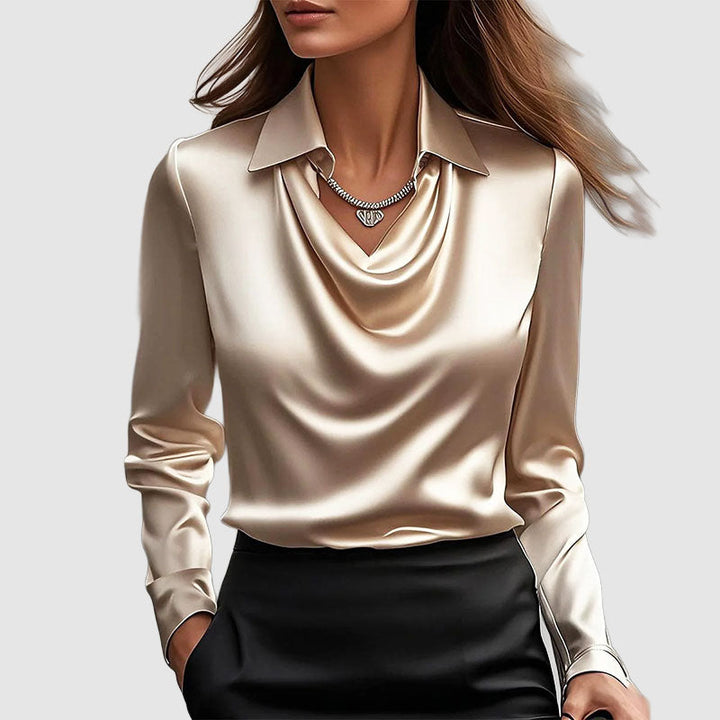 Victoria - Women's Cowl Neck Draped Satin-Look Blouse