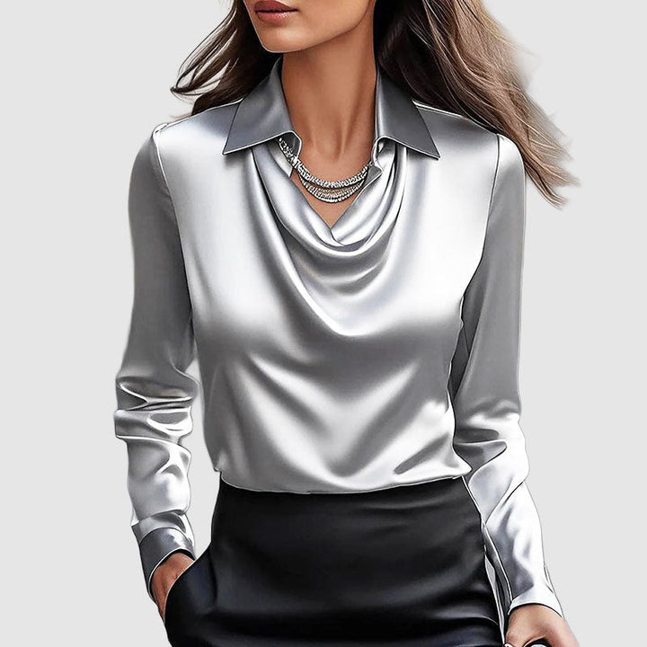 Victoria - Women's Cowl Neck Draped Satin-Look Blouse