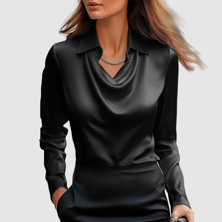 Victoria - Women's Cowl Neck Draped Satin-Look Blouse