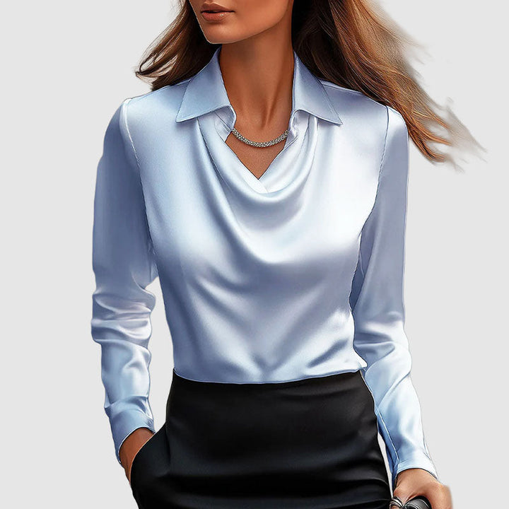 Victoria - Women's Cowl Neck Draped Satin-Look Blouse