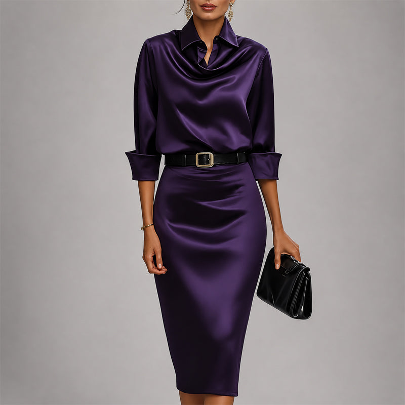 Victoria - Women's Draped Cowl Neck Satin Midi Dress