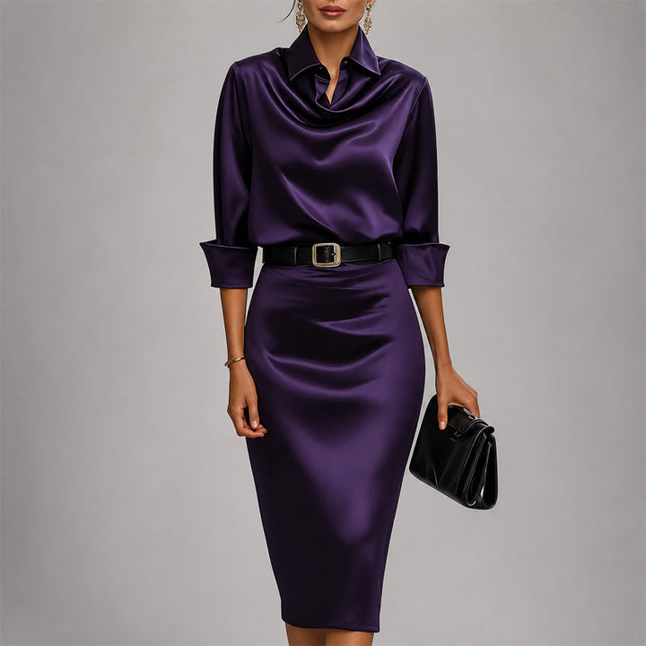 Victoria - Women's Draped Cowl Neck Satin Midi Dress