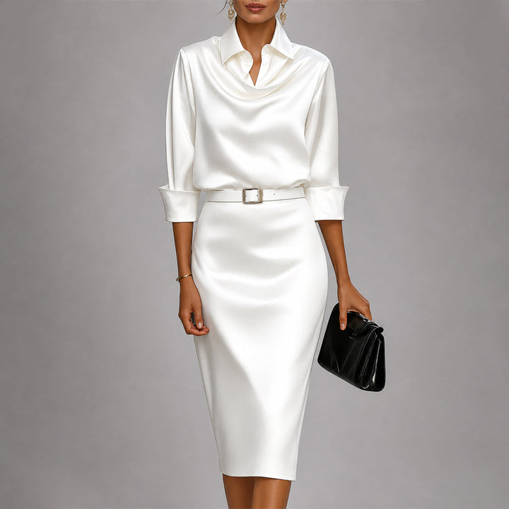 Victoria - Women's Draped Cowl Neck Satin Midi Dress
