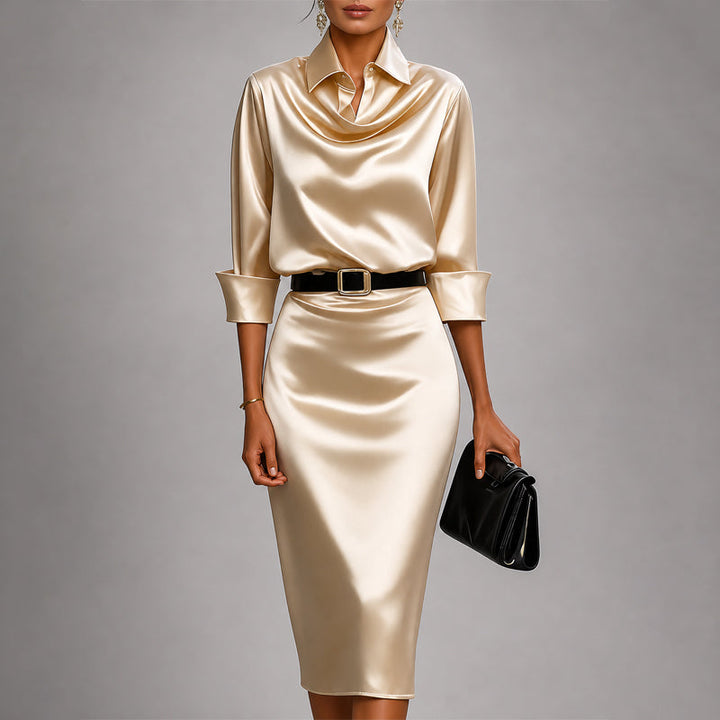 Victoria - Women's Draped Cowl Neck Satin Midi Dress