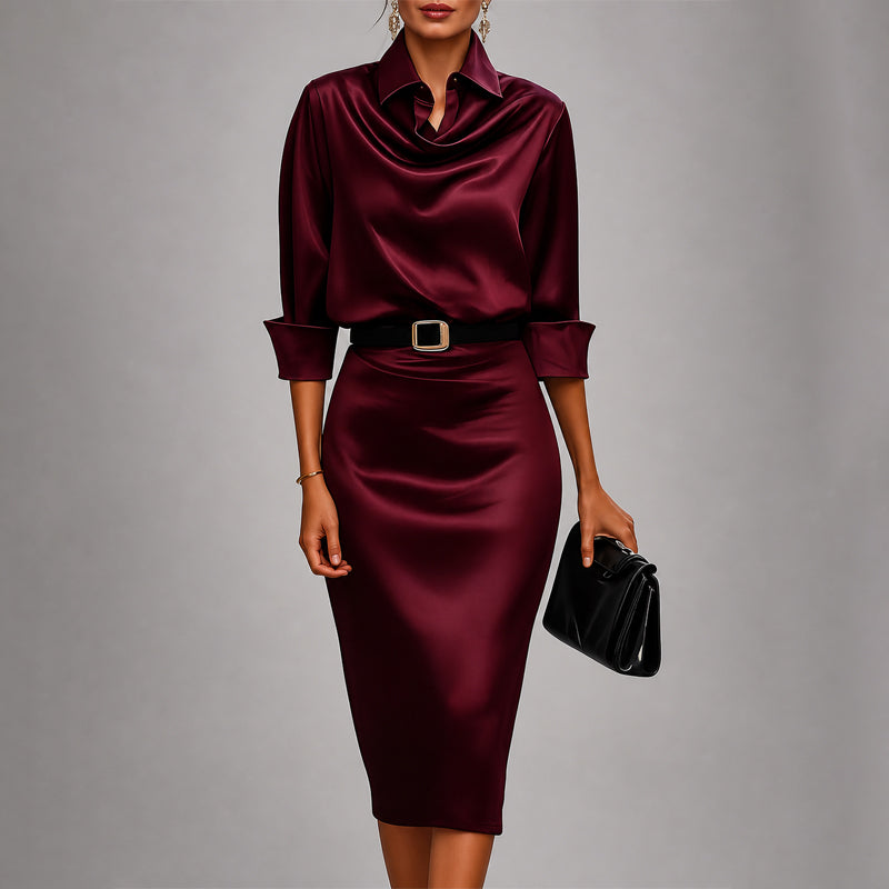 Victoria - Women's Draped Cowl Neck Satin Midi Dress