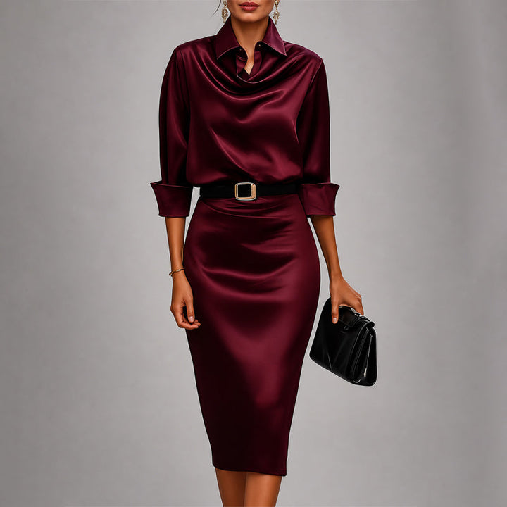 Victoria - Women's Draped Cowl Neck Satin Midi Dress