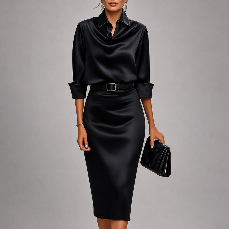 Victoria - Women's Draped Cowl Neck Satin Midi Dress