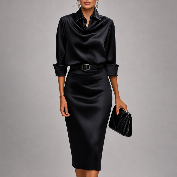 Victoria - Women's Draped Cowl Neck Satin Midi Dress