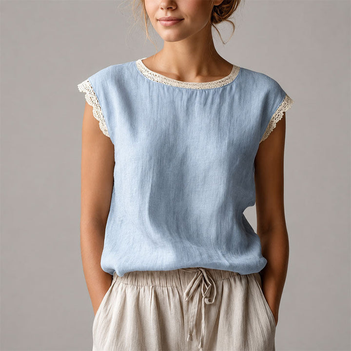 Victoria - Women's Lace-Trim Cap Sleeve Linen Crinkle Blouse