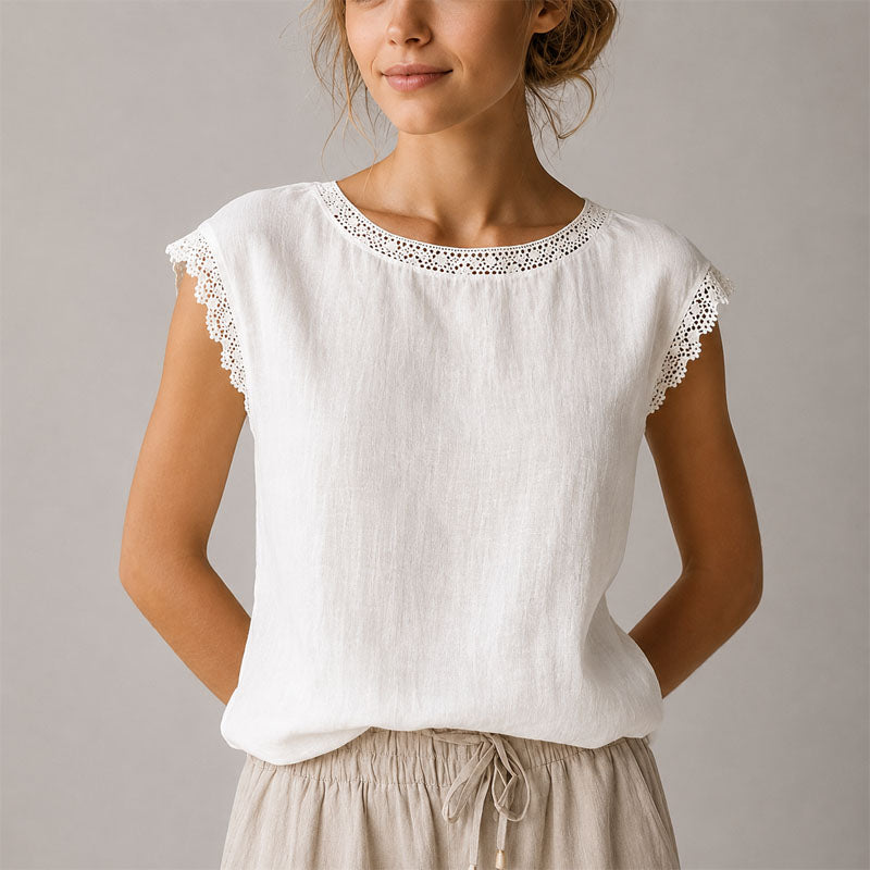 Victoria - Women's Lace-Trim Cap Sleeve Linen Crinkle Blouse
