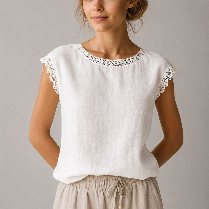Victoria - Women's Lace-Trim Cap Sleeve Linen Crinkle Blouse