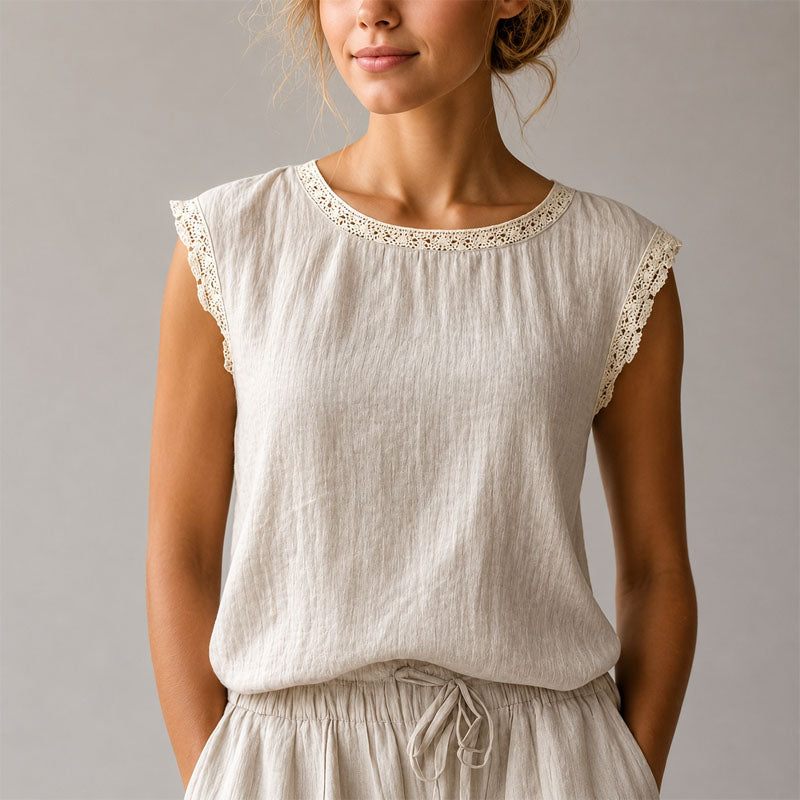 Victoria - Women's Lace-Trim Cap Sleeve Linen Crinkle Blouse