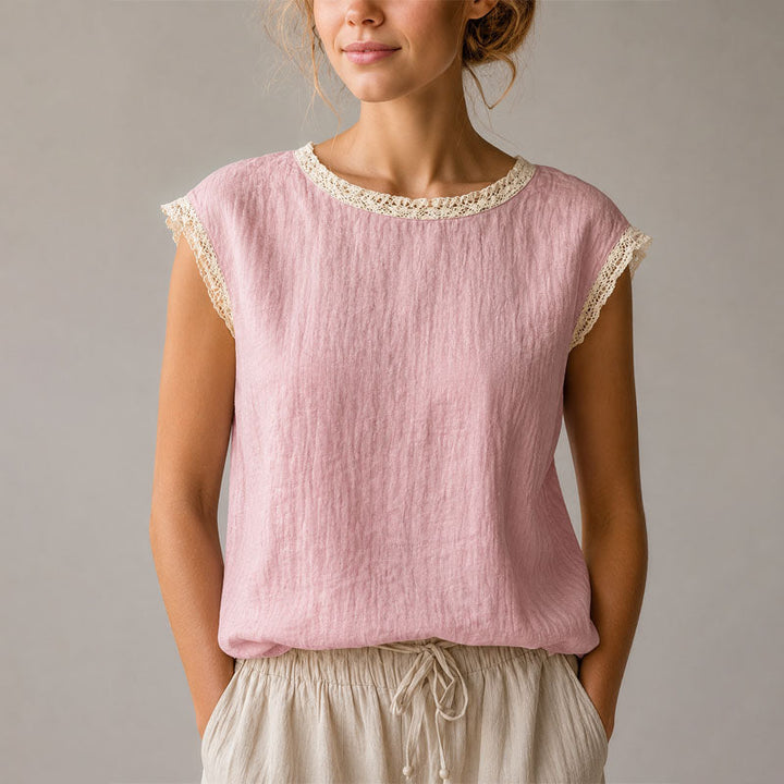 Victoria - Women's Lace-Trim Cap Sleeve Linen Crinkle Blouse