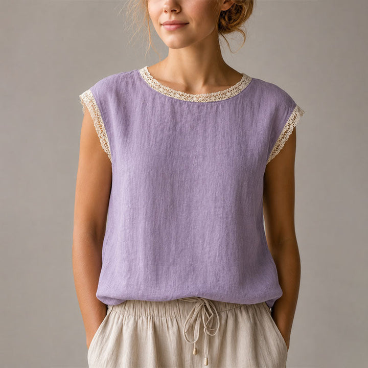 Victoria - Women's Lace-Trim Cap Sleeve Linen Crinkle Blouse