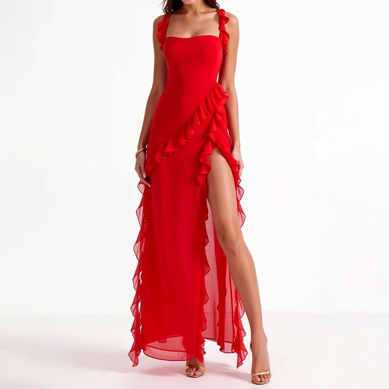Victoria - Women's Ruffle High Slit Maxi Dress