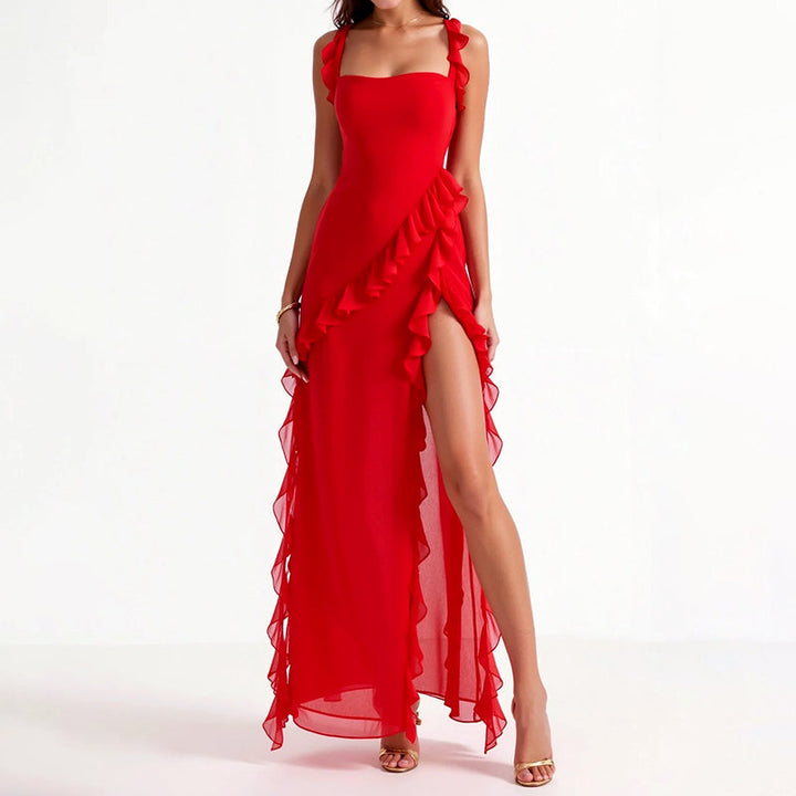 Victoria - Women's Ruffle High Slit Maxi Dress