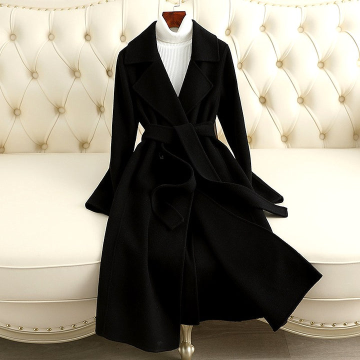 Victoria - Women’s Long Belted Wrap Wool Coat with Notch Lapels