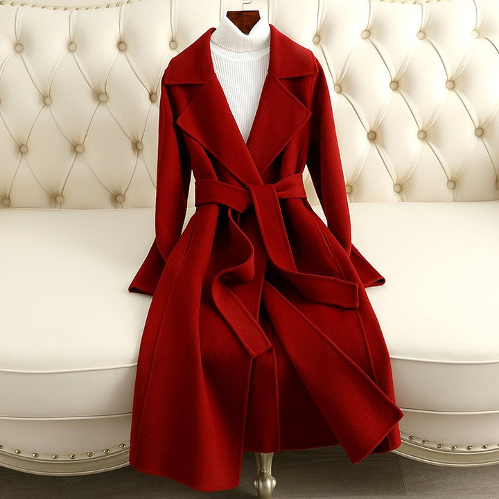 Victoria - Women’s Long Belted Wrap Wool Coat with Notch Lapels