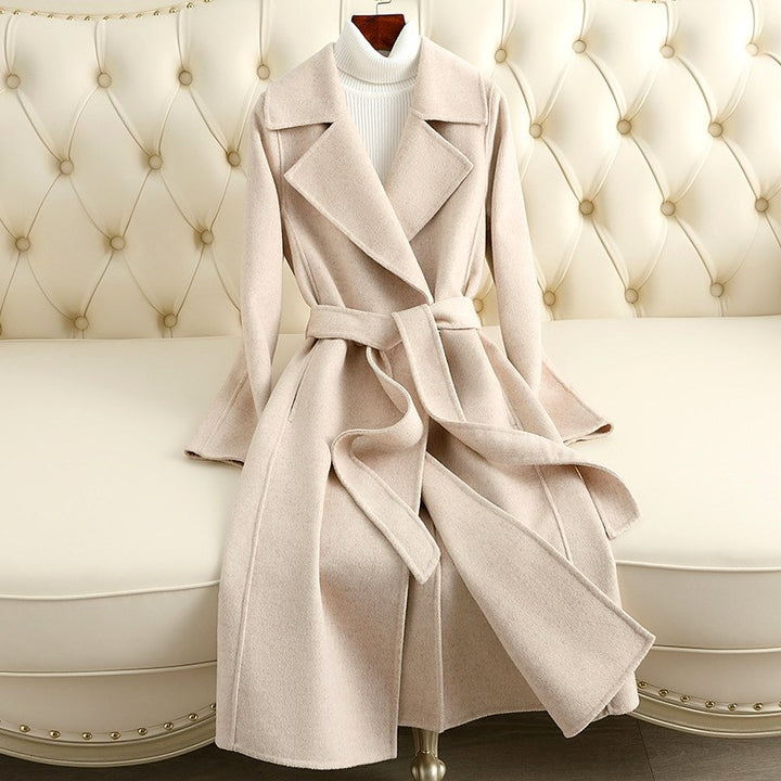 Victoria - Women’s Long Belted Wrap Wool Coat with Notch Lapels