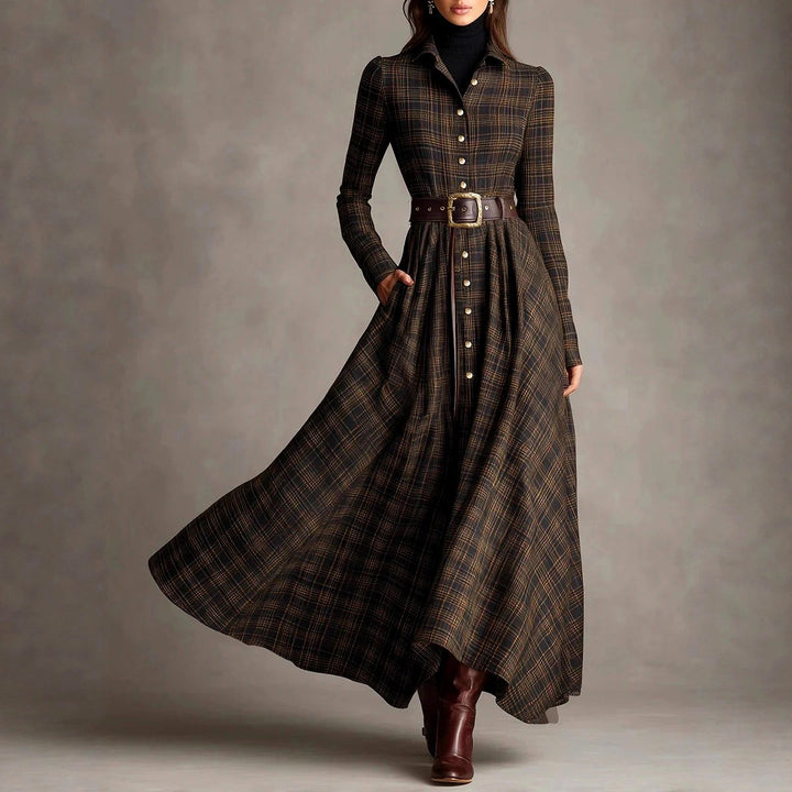 Adelle - Women's Plaid Long Sleeve Shirt Maxi Dress 1