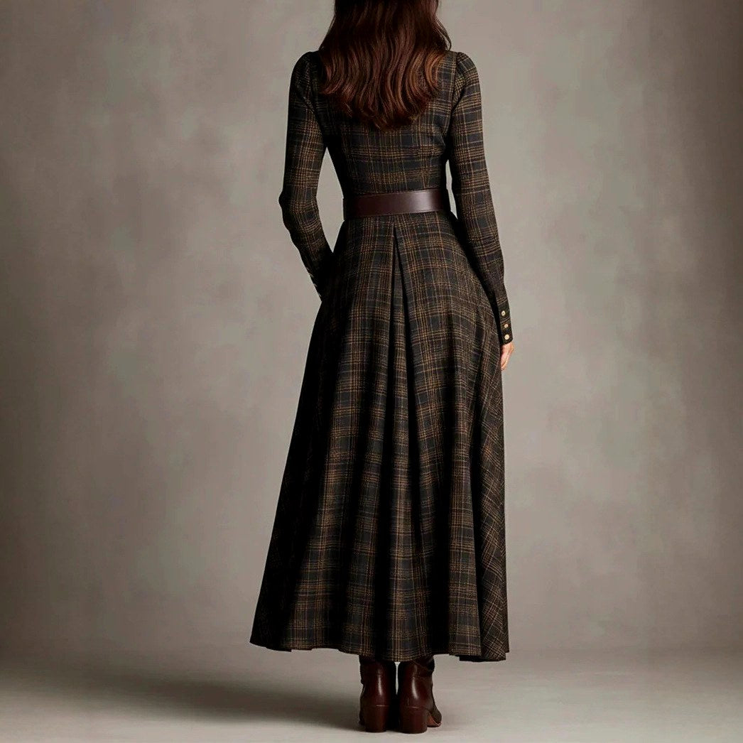 Adelle - Women's Plaid Long Sleeve Shirt Maxi Dress 2