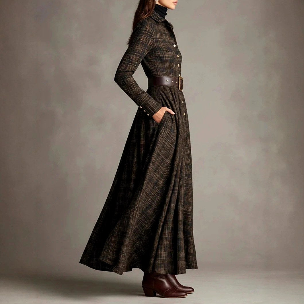 Adelle - Women's Plaid Long Sleeve Shirt Maxi Dress 3