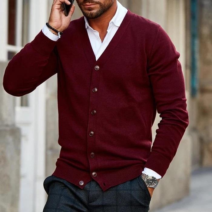 Adrian - Men's Button-Front V-Neck Cardigan with Ribbed Trim