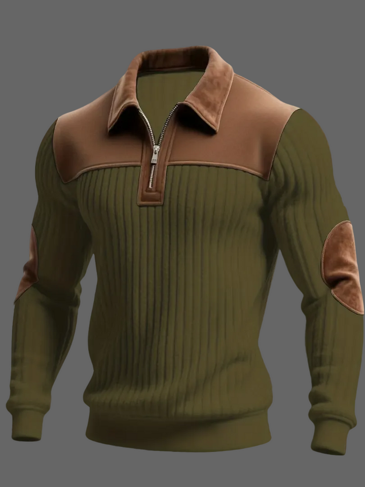 Adrian - Men's Ribbed Half-Zip Polo with Suede Accents