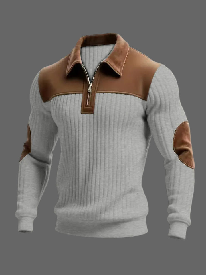 Adrian - Men's Ribbed Half-Zip Polo with Suede Accents