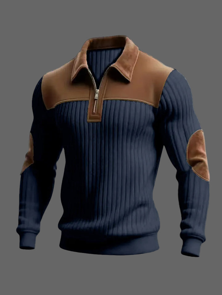 Adrian - Men's Ribbed Half-Zip Polo with Suede Accents