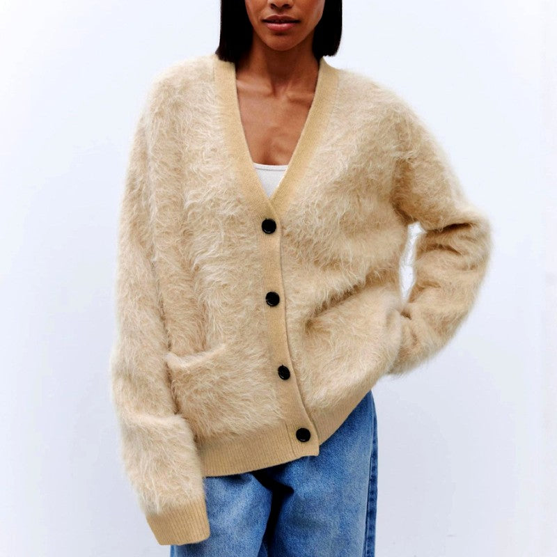 Agnes - Women's Fuzzy Knit V-Neck Oversized Cardigan 2