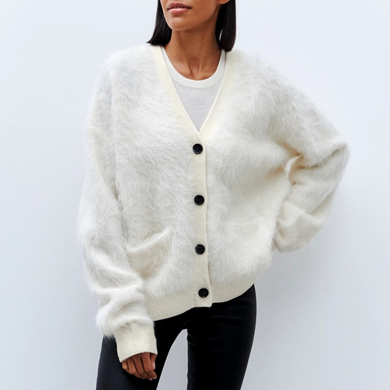 Agnes - Women's Fuzzy Knit V-Neck Oversized Cardigan 3