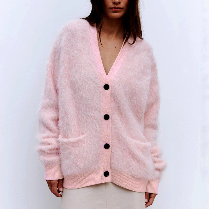 Agnes - Women's Fuzzy Knit V-Neck Oversized Cardigan 4
