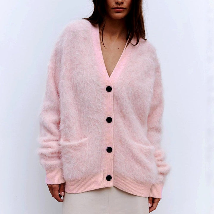 Agnes - Women's Fuzzy Knit V-Neck Oversized Cardigan 4